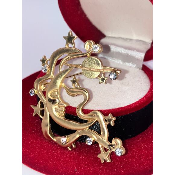 NWOT! Moon Jupiter Stars Gold-Tone 2.25" Brooch! - Picture 3 of 8